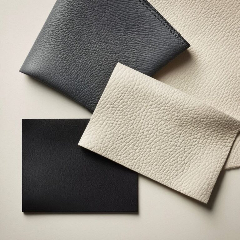 High-end flat lay of luxury material swatches including Prada Saffiano, Saint Laurent Grain de Poudre, and smooth Box Calf leather, showcasing 2026 luxury material trends.