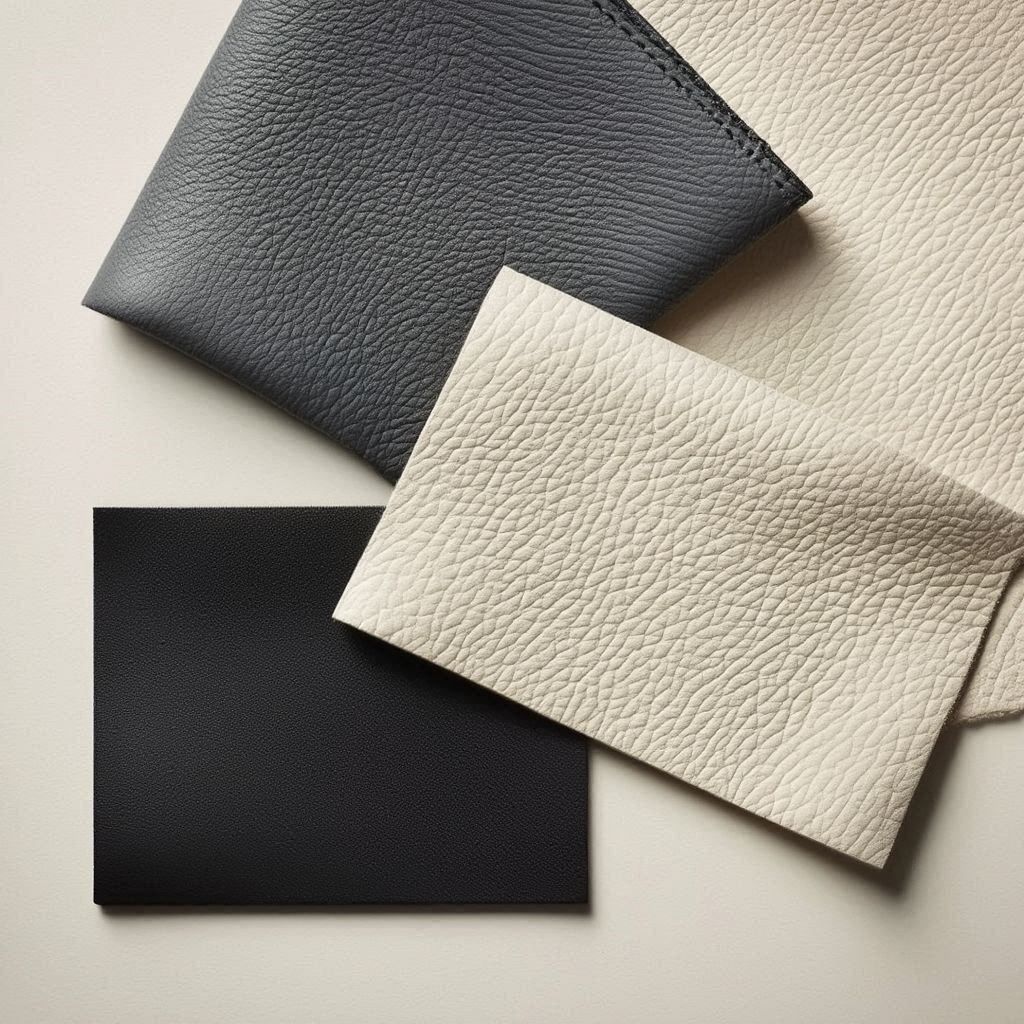 High-end flat lay of luxury material swatches including Prada Saffiano, Saint Laurent Grain de Poudre, and smooth Box Calf leather, showcasing 2026 luxury material trends.