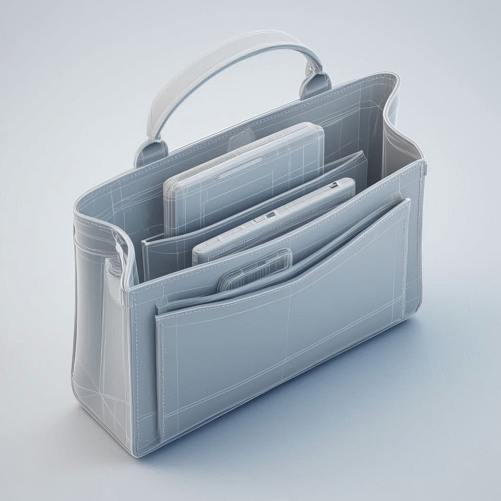 Technical X-ray view showing iPhone 17 Pro Max and e-reader fitting perfectly in a modern luxury handbag.