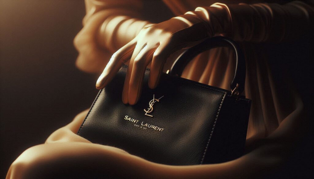 Detailed shot of a gloved hand touching a soft black lambskin Saint Laurent handbag, emphasizing the delicate surface and high-sheen finish of heritage leather.