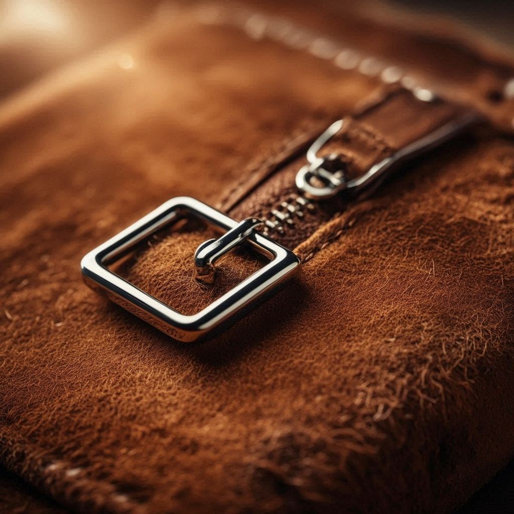 Macro shot of Tobacco Suede leather with silver hardware, showcasing luxury patina and texture.