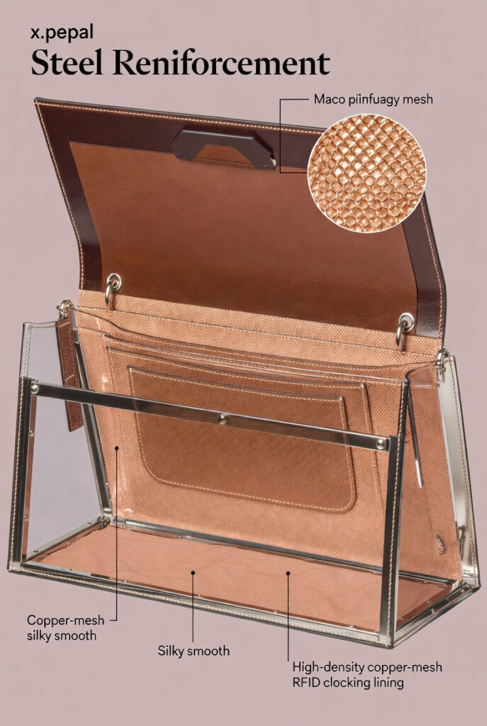 Close-up of high-density copper-mesh RFID blocking lining in a luxury handbag.