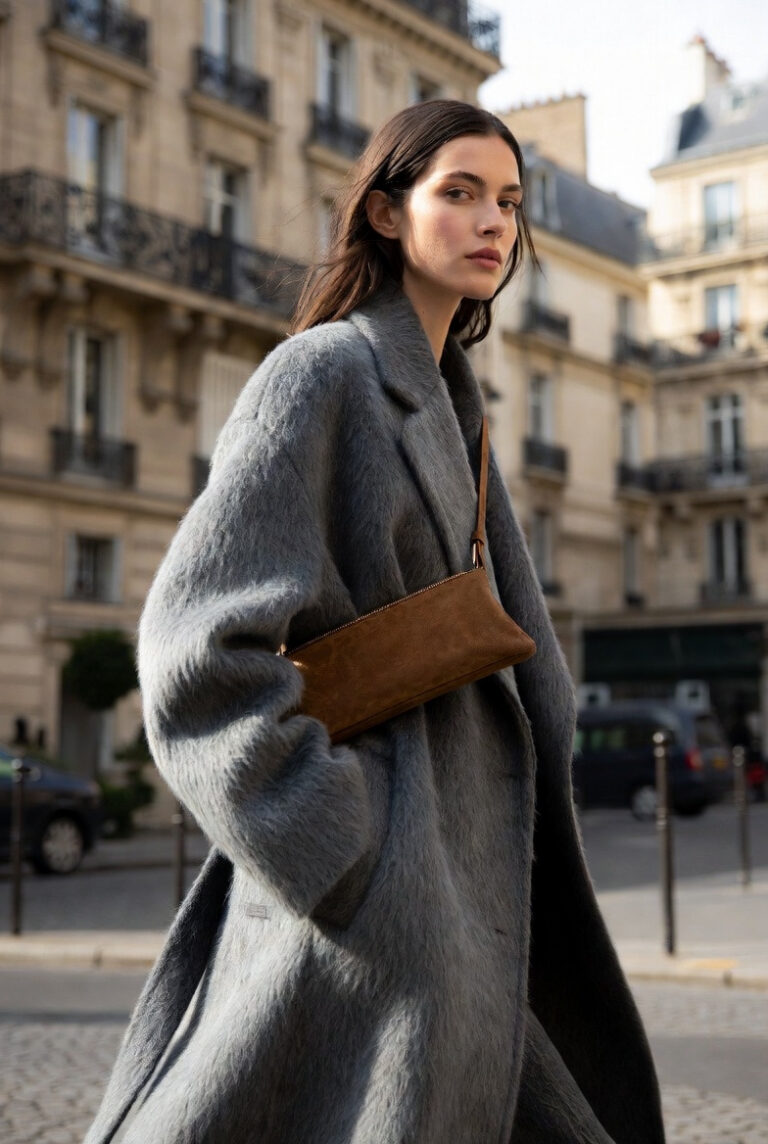 Luruge East-West handbag in Tobacco Suede styled with a grey wool Max Mara coat on a Paris street, 2026 fashion trend.