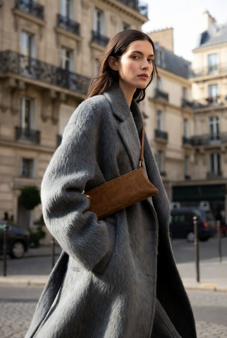 Luruge East-West handbag in Tobacco Suede styled with a grey wool Max Mara coat on a Paris street, 2026 fashion trend.
