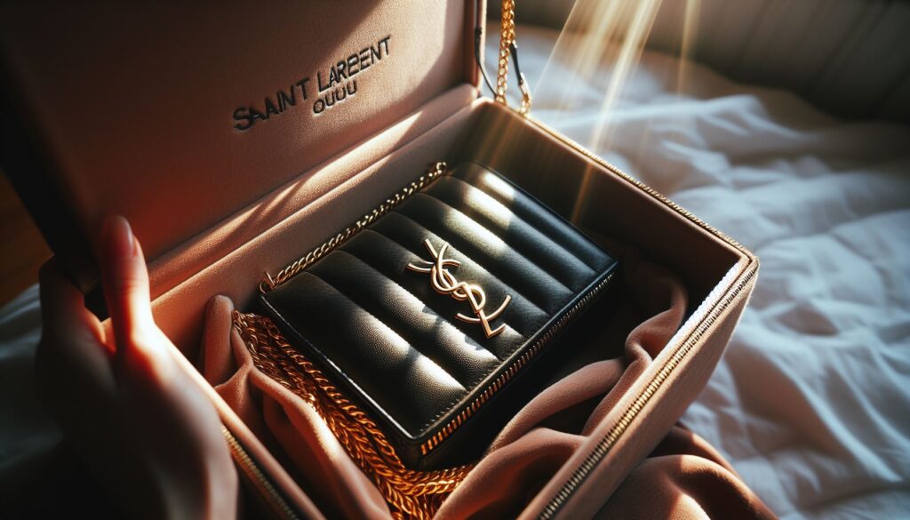 Educational close-up of a Saint Laurent Loulou bag with its gold chain strap tucked inside to prevent leather indentation and surface damage during storage.