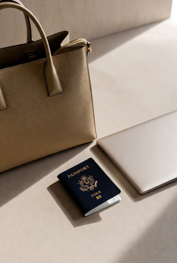 A structured Saffiano leather handbag styled with travel and professional essentials, representing the ideal use case for the material.