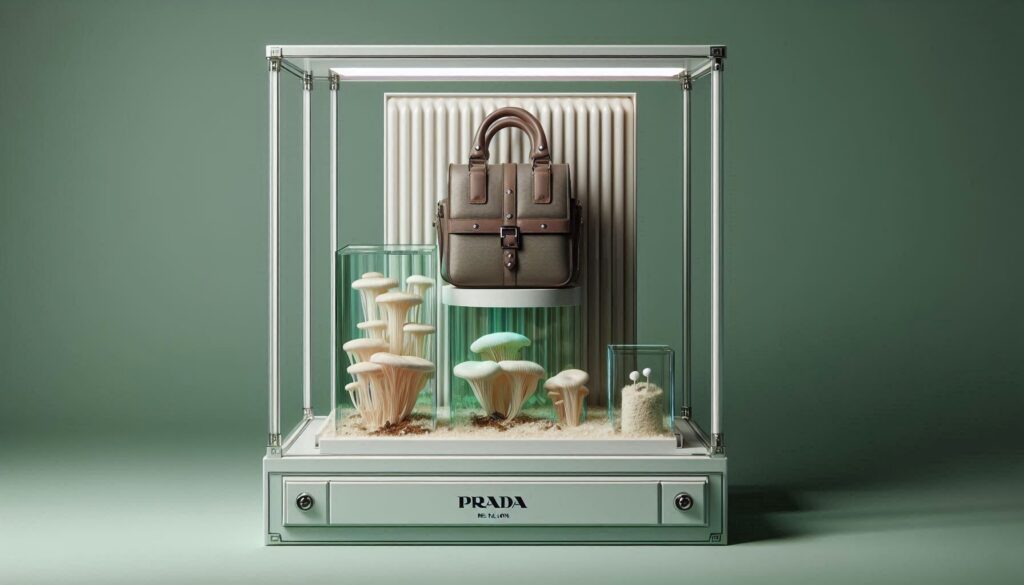 A futuristic luxury display featuring a sustainable Prada Re-Nylon bag and bio-leather material samples in a minimalist gallery setting.