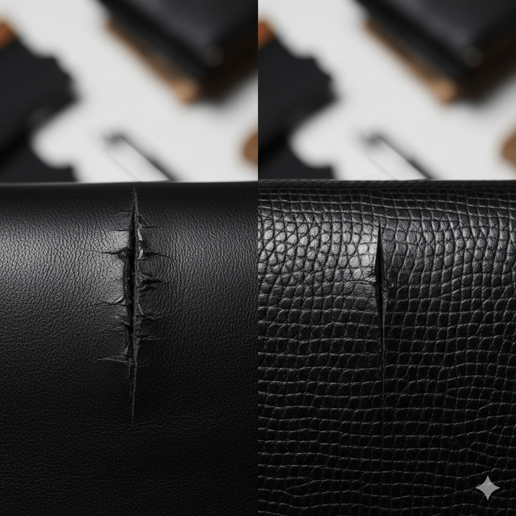Side-by-side comparison showing how a scratch affects delicate lambskin versus the rigid, protective surface of Saffiano leather.