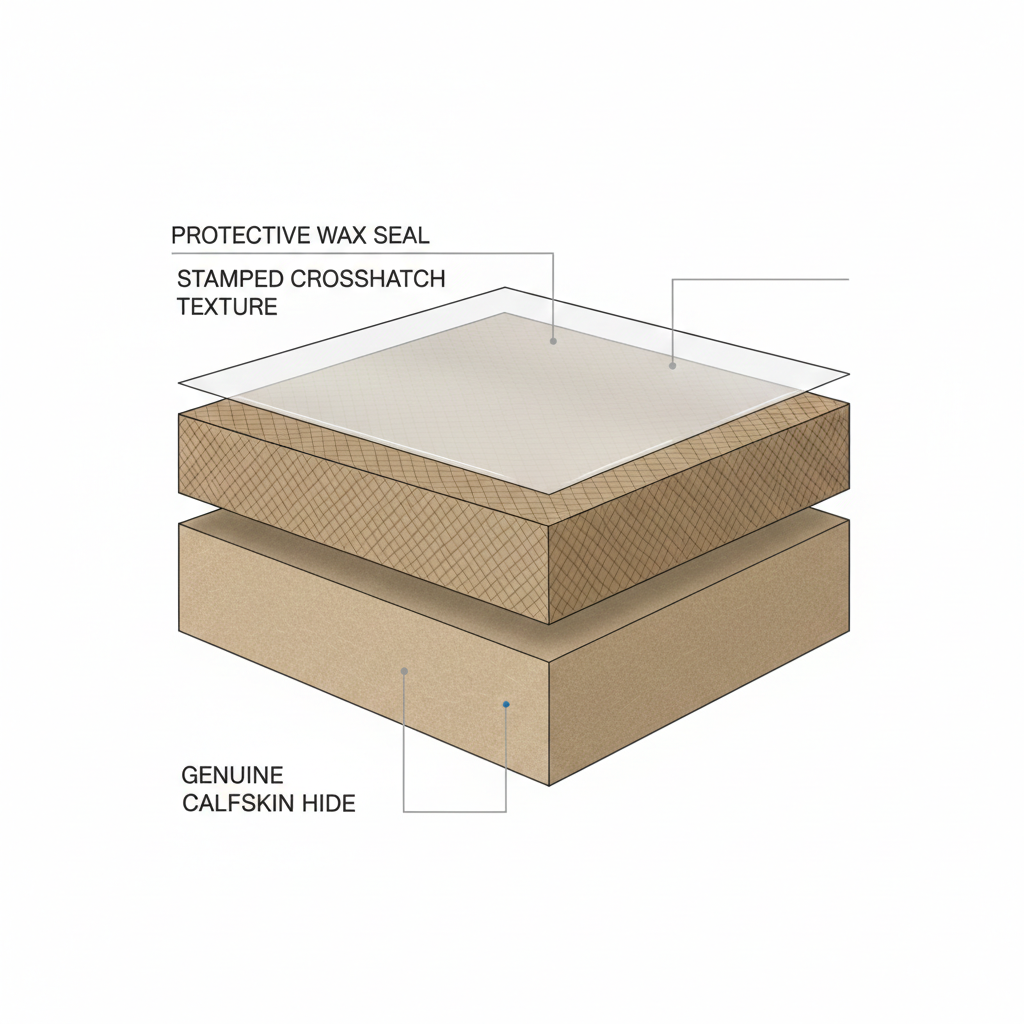 Technical 3D cross-section diagram showing the three layers of Saffiano leather: protective resin, stamped texture, and calfskin base.
