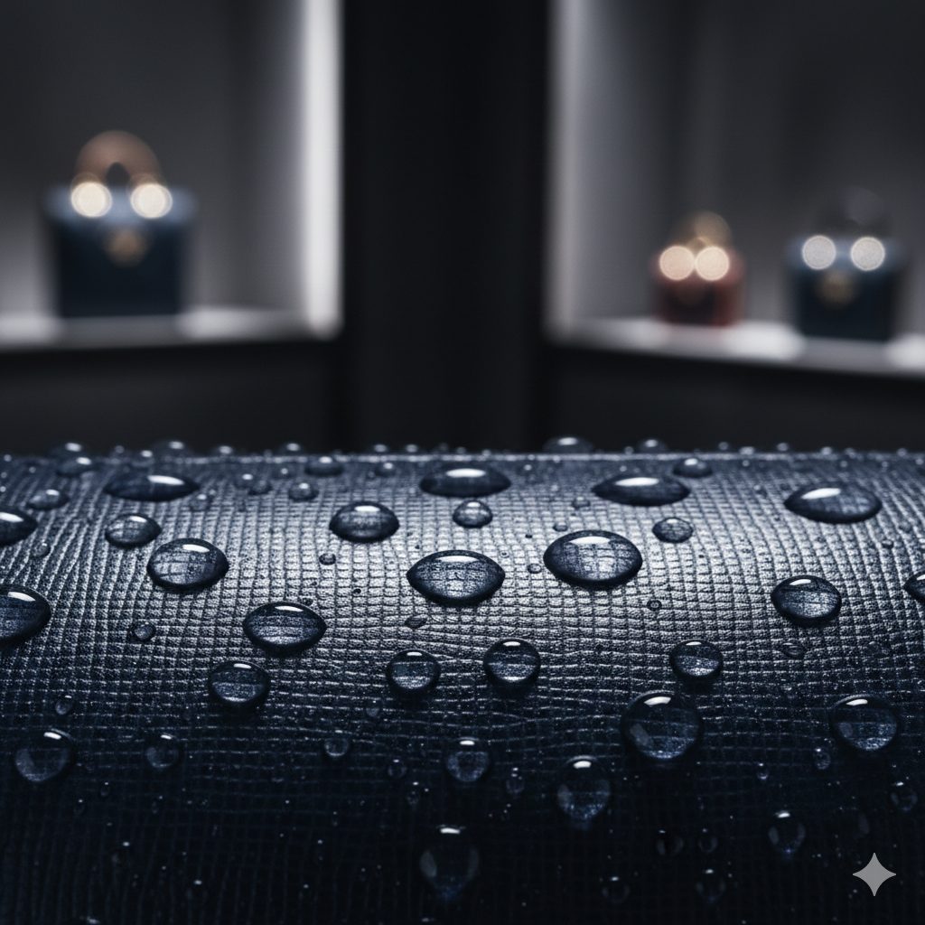 Water droplets beading on a navy Saffiano leather bag, demonstrating the material's superior moisture resistance and sealed surface.