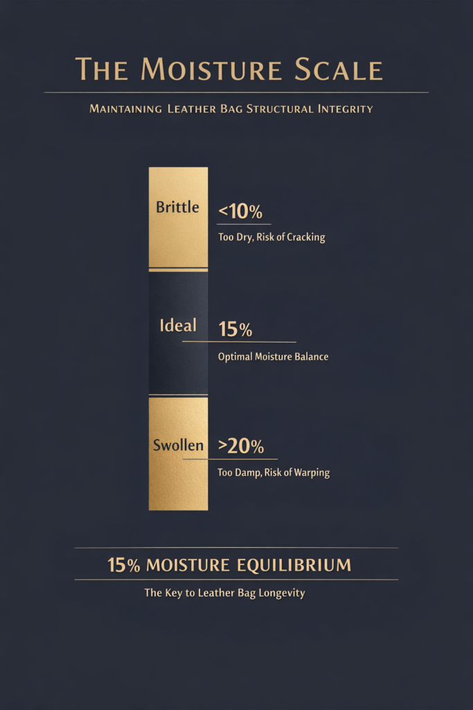 Infographic explaining the 15 percent moisture equilibrium rule for leather structural integrity.