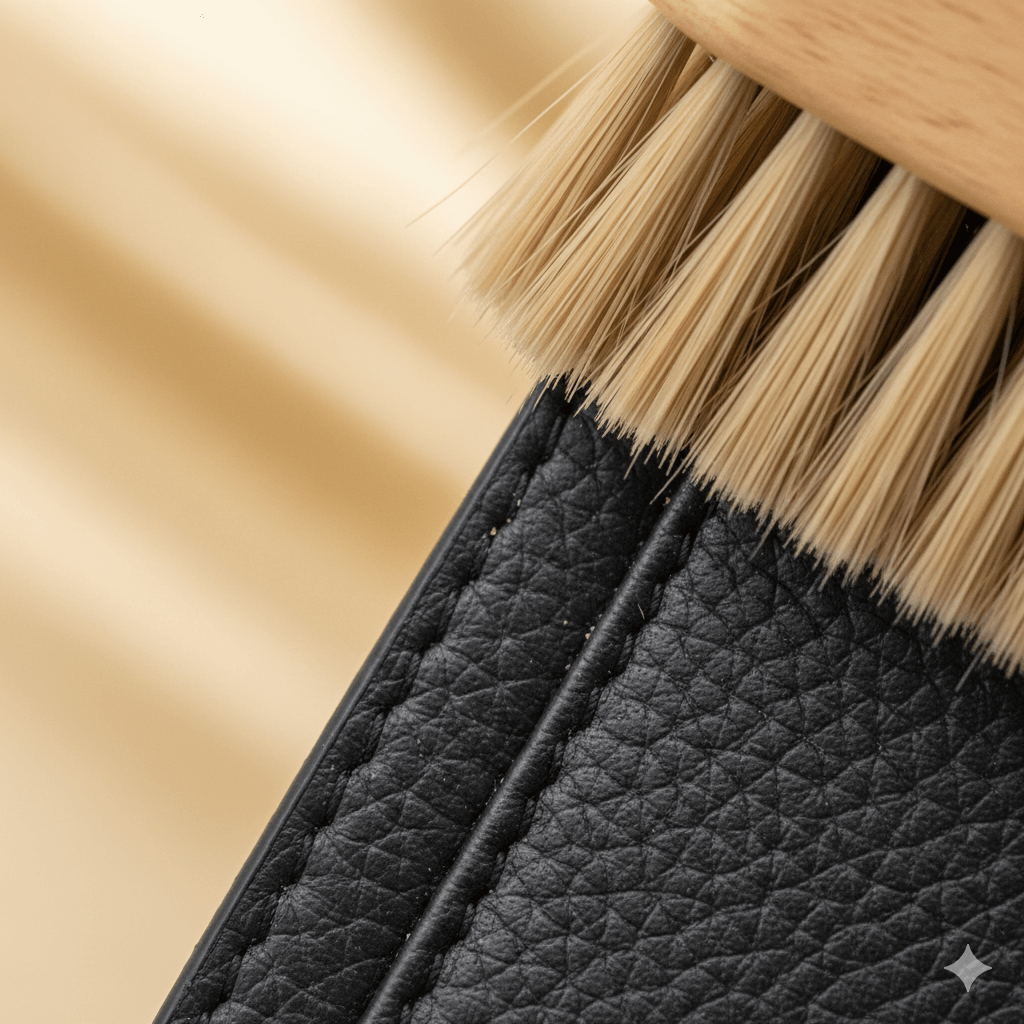A horsehair brush removing grit from designer bag seams to prevent abrasion.