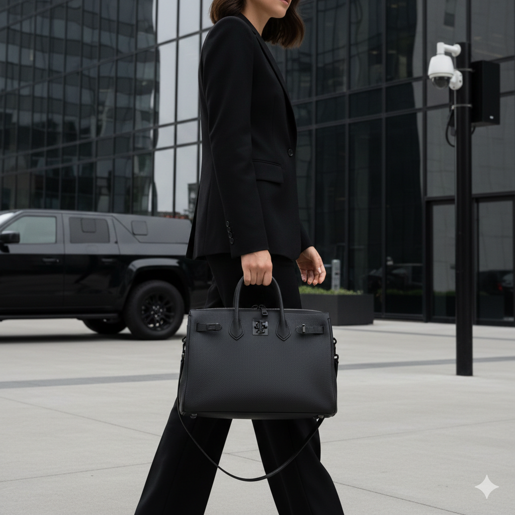 Luxury handbag with minimal branding and stealth hardware in a minimalist urban setting.