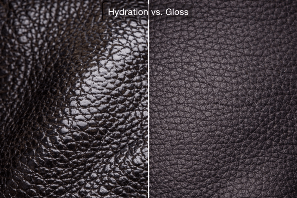 Comparison of improper silicone-based leather polishing versus correct pH-balanced conditioning.