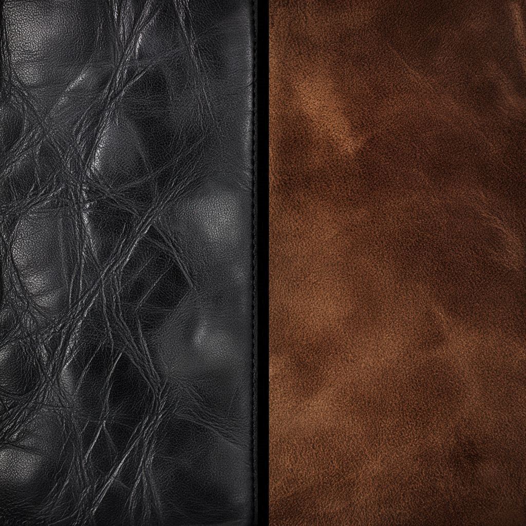 Comparison macro shot of factory-distressed leather versus organic tobacco suede patina.