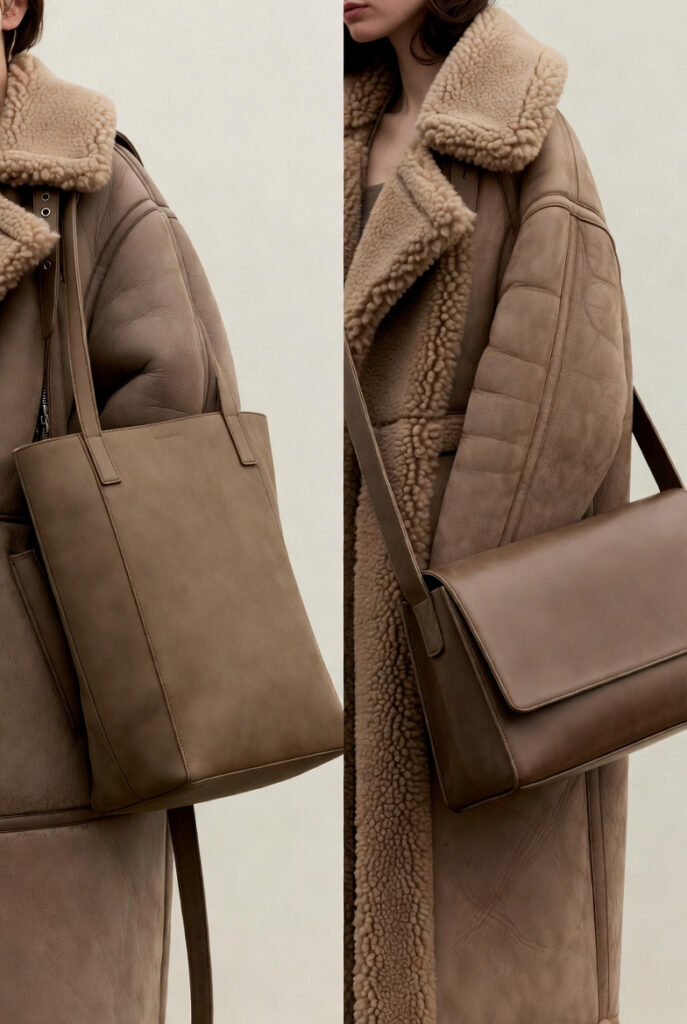 Visual comparison showing why East-West handbags stay secure on heavy winter coats compared to vertical totes.