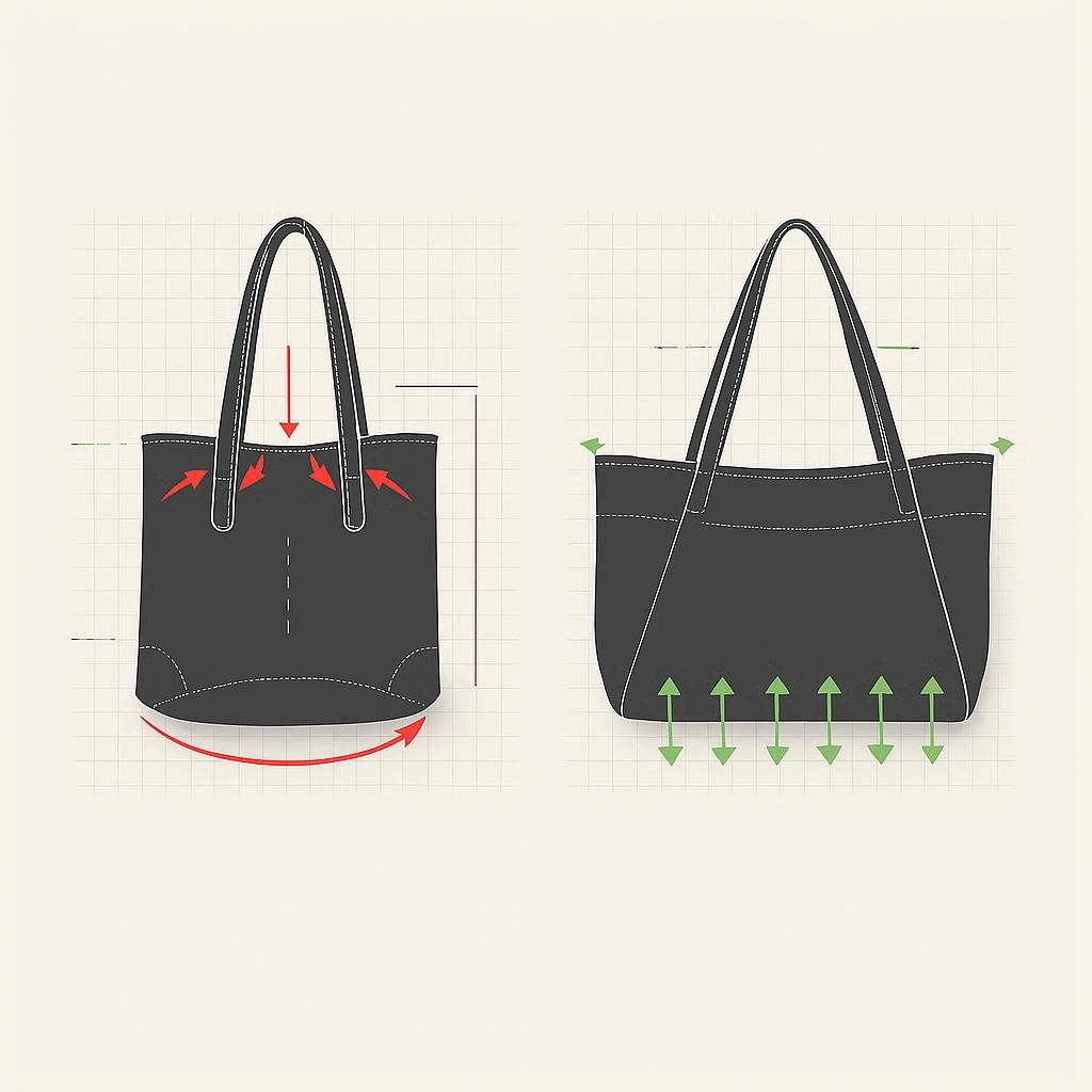 Infographic showing weight distribution and structural integrity of East-West bags versus vertical totes.