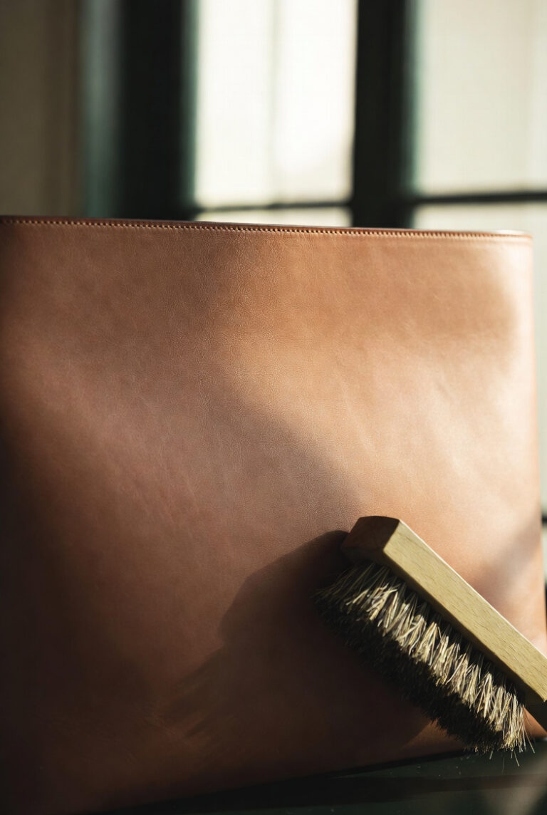 Close-up of a luxury leather bag being cleaned with a horsehair brush to preserve natural patina and grain.