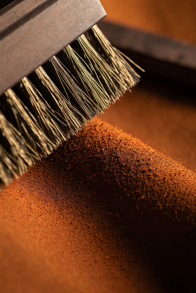 Close-up of a brass brush maintaining the nap of a Tobacco Suede handbag, Luruge Spa care tip.