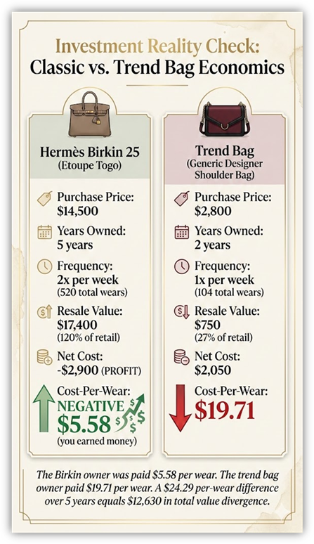 Comparison table of luxury handbag resale values including Hermès, The Row, and Chanel for 2026.