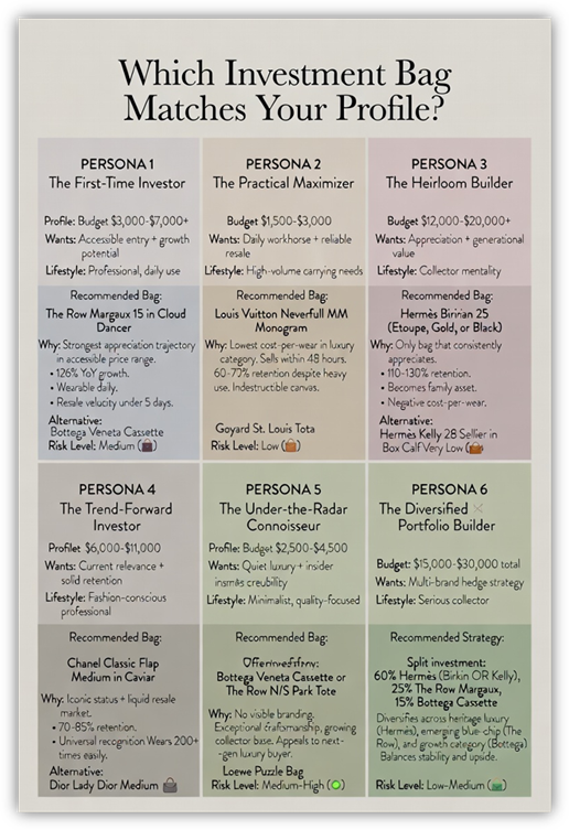 Infographic matching luxury handbag styles to lifestyle personas like The Executive and The Minimalist.