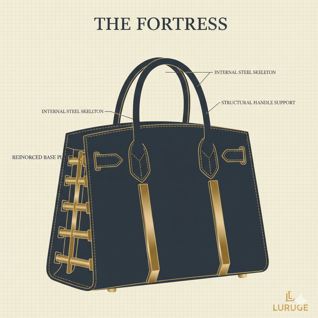 Editorial diagram of anti-theft designer bag structure with recessed zippers and reinforced seams.