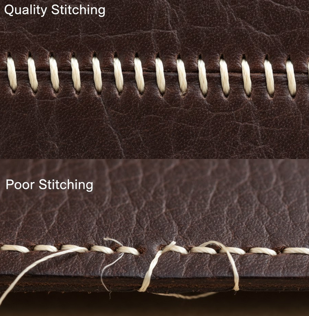 Comparison of quality hand-stitching with even spacing versus poor machine stitching showing irregular alignment and loose threads