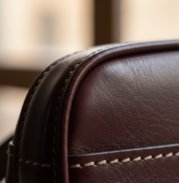 Macro close-up of hand-burnished leather edge showing professional finishing and craftsmanship detail