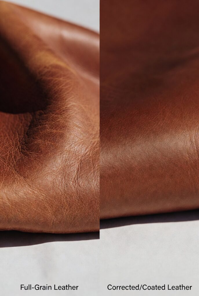 Side-by-side comparison of full-grain leather showing natural texture versus heavily processed leather with uniform coating