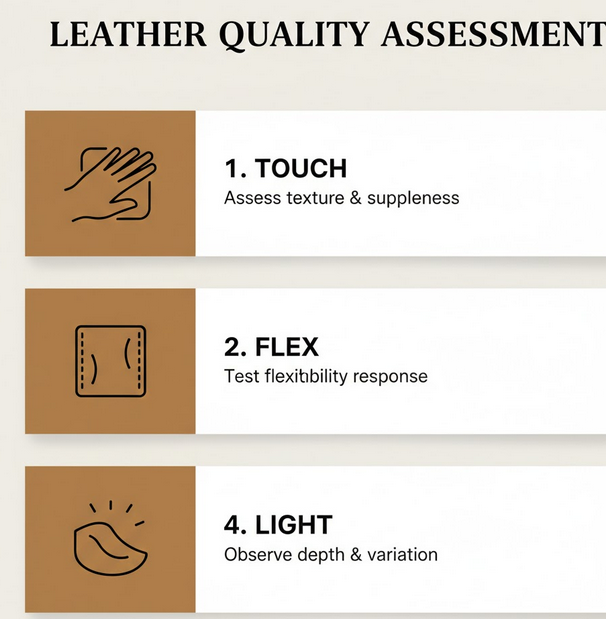 Four-step infographic guide to assessing leather quality in under one minute: touch, flex, edges, and light reflection tests